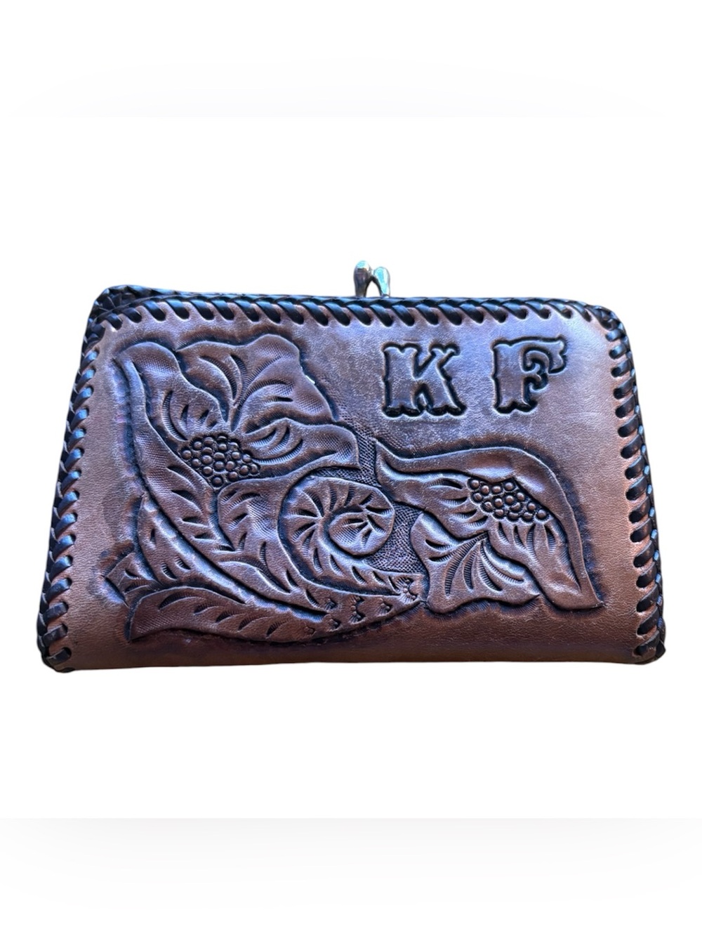 Vintage Tooled Leather Floral Kiss Lock Wallet Coin Purse